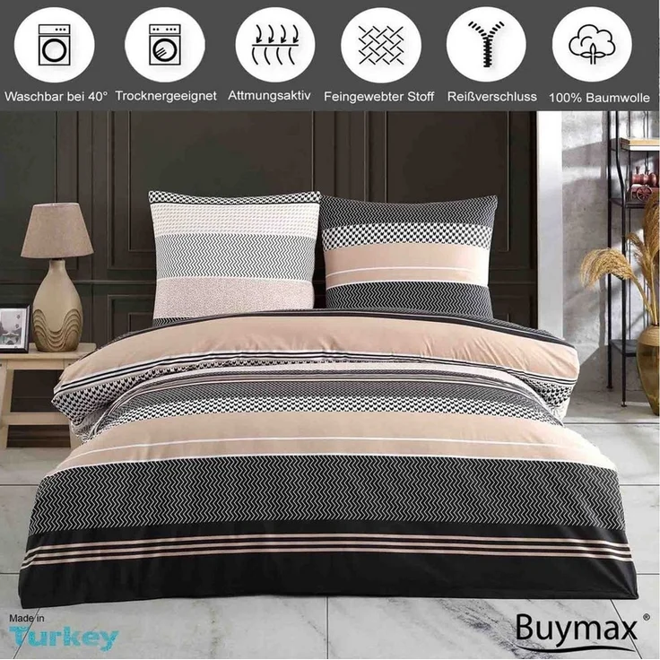 Buymax Bettwäsche Zigo, Renforcé, 4 teilig, Bettbezug-Set 135x200 cm 100% Baumwolle mit Reißverschluss, Streifen – Bild 2