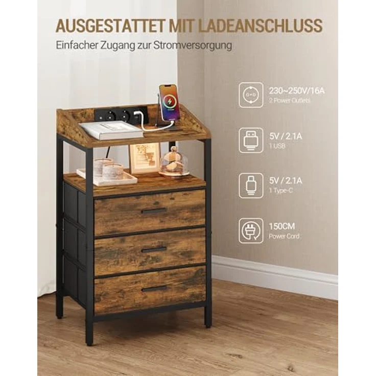Nachttisch mit LED-Leuchten und ladefunktion, Beistelltisch mit 3 Stoff-Schubladen mit USB-Anschlüssen & Steckdosen, für Schlafzimmer, Wohnzimmer, Schwarz – Bild 4