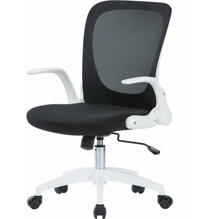 Dmora - Stuhl mit Rädern Wellington, Executive-Netzsessel mit Armlehnen, ergonomischer Sitz mit klappbaren Armlehnen, 60x59h86/96 cm, Schwarz und Weiß