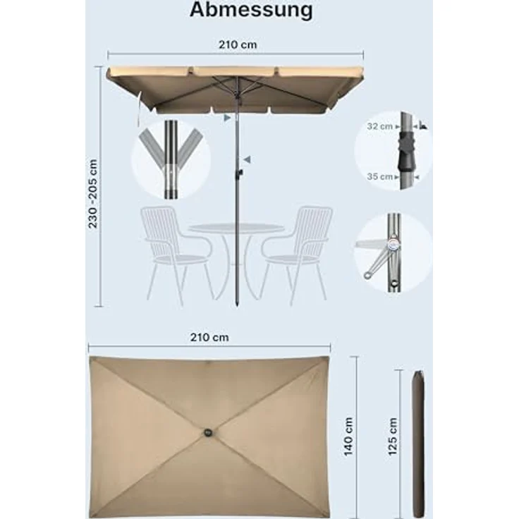 4smile SunnyShade Sonnenschirm Balkon Roma mit Schutzhülle, Taupe, Sonnenschirm rechteckig 210x140 cm, Sonnenschutz Balkon mit UV 50+, Balkonschirm mit Kurbel, knickbar und höhenverstellbar – Bild 6