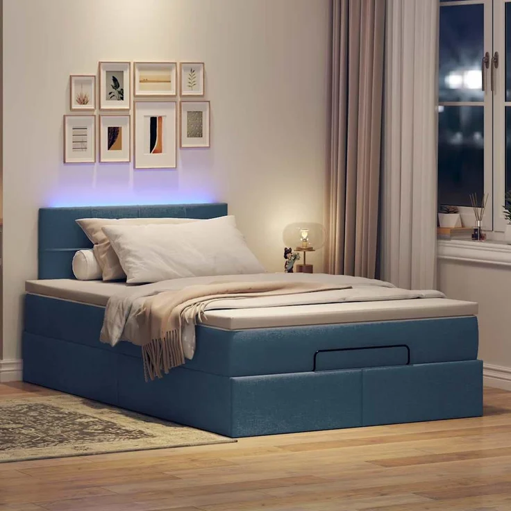 vidaXL Ottomane Bett mit Matratze & LEDs Blau 120x200 cm Stoff 3312304 – Bild 2