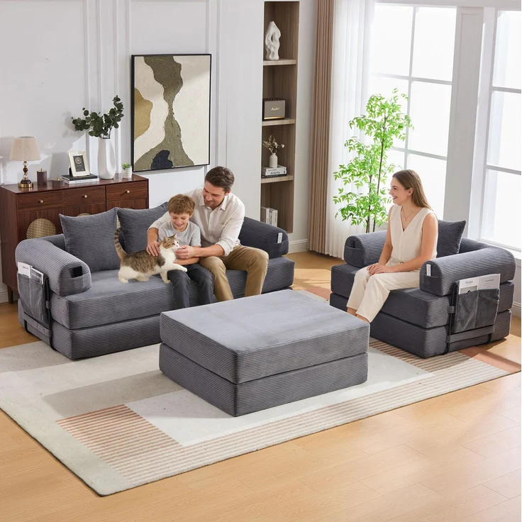 Modulares 4-Sitzer-Sofa 200x190x67 cm mit Sessel und Hocker – Cordbezug, Dunkelgrau – Bild 3