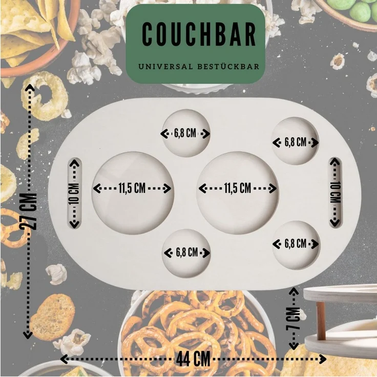 PEGSEN Servierplatte Couchbar Snackbox mit 4 Snackschalen Couch Tablett, Birkenholz, (Set, 5-tlg, 4x Glasschalen), Getränke & Snacks stehen stabil – Bild 2