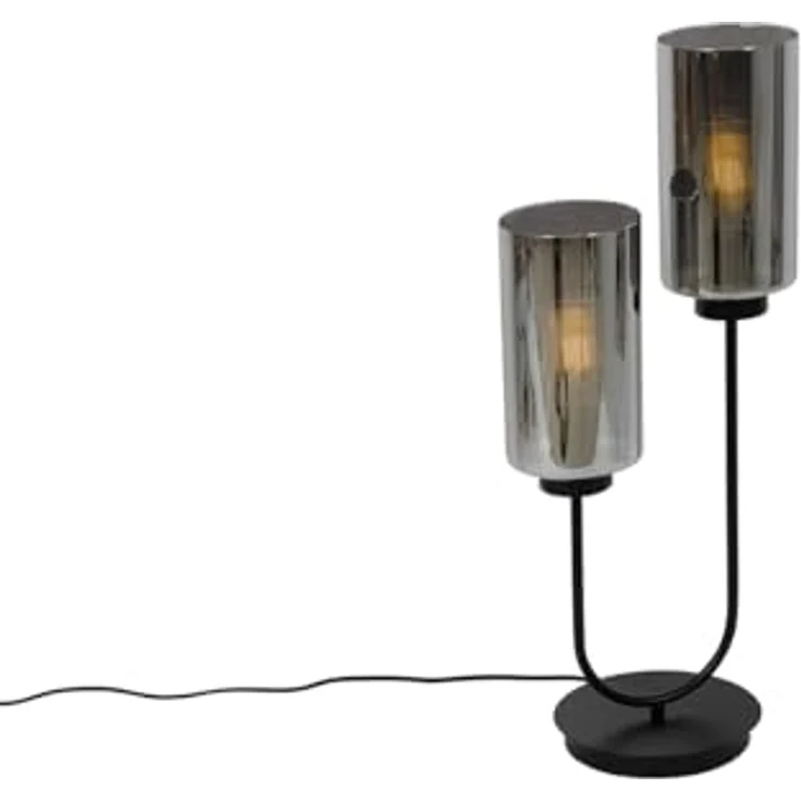 QAZQA Laura, Art-Deco-Tischlampe schwarz mit Rauchglas, 2-flammig, 64 cm, E27, dimmbar, für Wohnzimmer und Schlafzimmer – Bild 1