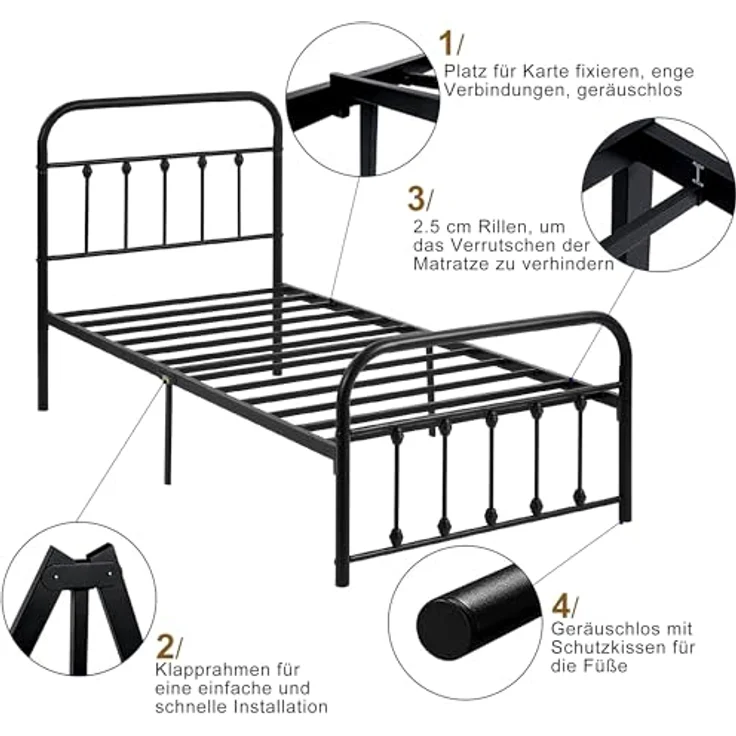VECELO Bettrahmen 90 x 200 cm Metallbett mit Lattenrost und Hohem Kopfteil, Modern Gästebett Jugendbett, Einfacher Aufbau für Schlafzimmer Gästezimmer, Schwarz – Bild 4