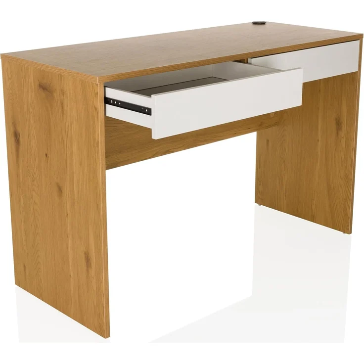 hjh LIVING Schreibtisch 120x50 cm BERGA – Moderner Scandi-Bürotisch Weiß/Eiche mit 2 Schubladen & Kabeldurchlass, Stabiler Arbeitstisch für Homeoffice, Büro & Wohnzimmer – Bild 4