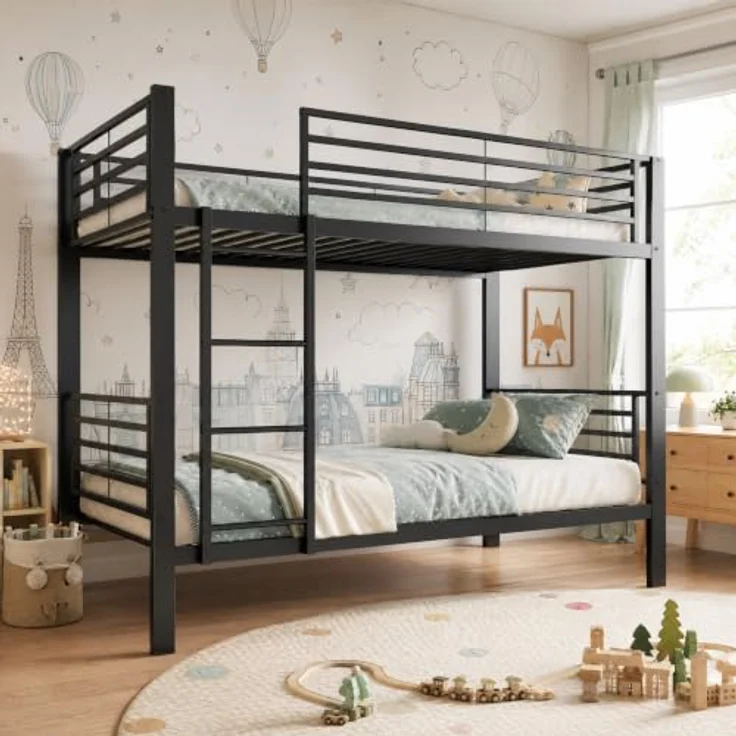 FAVSH Etagenbett 90x200 cm aus Metall, Hochbett mit Rausfallschutz und Leiter, Geräuscharmes Doppelbett, rutschfest, für Jugendliche und Erwachsene, WG & Ferienwohnung, Schwarz C – Bild 1