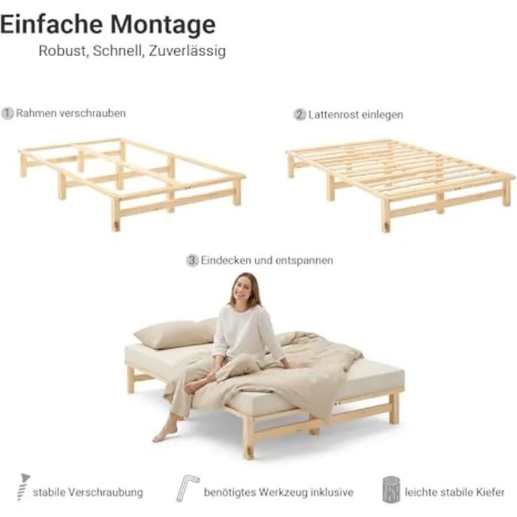Holzbett 120x200 mit Lattenrost Doppelbett Holz Natur Bett Massiv Palettenbett Bettgestell Holzbettrahmen – Bild 5