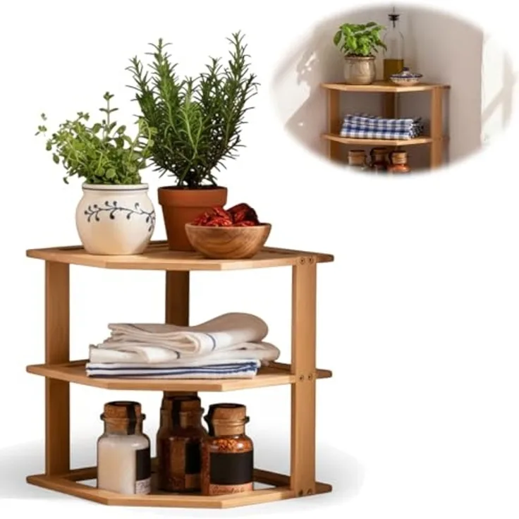 LS-LebenStil Küchenregal Eckregal Holz 27x25cm stehend Aufbewahrungsregal Gewürzregal, Küche & Bad - Gewürzregal über Eck - Organizer für Tassen Gewürze 1-tlg, Dekoregal als für Arbeitsplatte - Badregal Ablage Modern Platzsparend