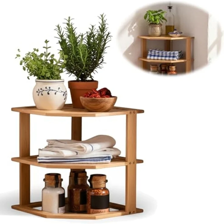LS-LebenStil Küchenregal Eckregal Holz 27x25cm stehend Aufbewahrungsregal Gewürzregal, Küche & Bad - Gewürzregal über Eck - Organizer für Tassen Gewürze 1-tlg, Dekoregal als für Arbeitsplatte - Badregal Ablage Modern Platzsparend – Bild 1