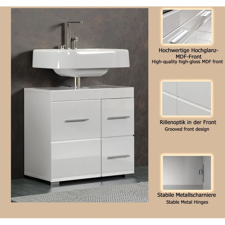 trendteam smart living - Amanda - Waschbeckenunterschrank - Weiß/Weiß Hochglanz - Waschtisch mit 1 Tür, 1 Einlegeboden, 2 Schubkästen Vollauszug – (BxHxT) 60 x 56 x 34 cm - Unterschrank mit Schubladen – Bild 2