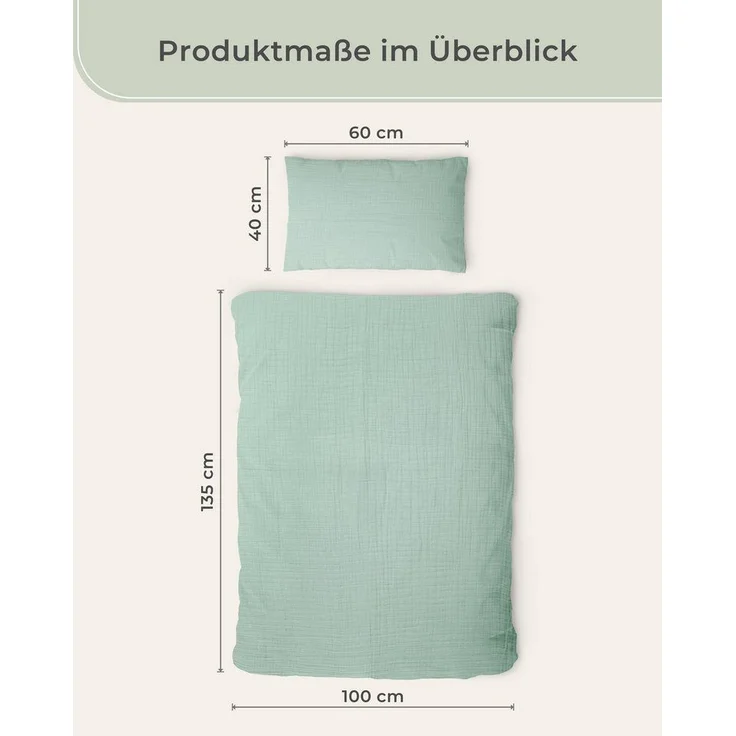 Laynenburg Kinderbettwäsche Musselin 2 teilig aus 100% Baumwolle in 100x135 cm + 40x60 cm, atmungsaktiv & bügelfrei – 3 lagig mit Reißverschluss & Haltebändern – Bild 2
