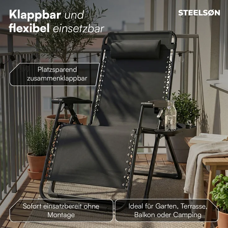STEELSØN 'Lysira' Liegestuhl, klappbar & wetterfest, schwarz, Sonnenliege mit extra dicker Polsterauflage, verstellbarer Gartenstuhl, bis 200 kg belastbar – Bild 6