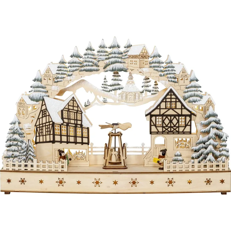 Saico Lichterbogen LED Fachwerkhäuser mit drehender Pyramide Holz 45 cm warmweiß natur