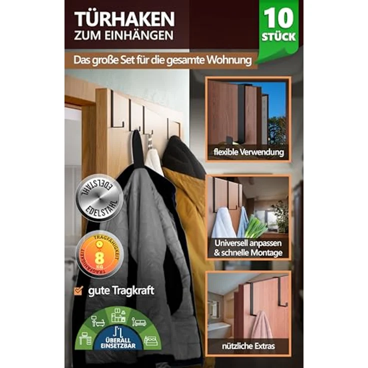 4smile Türhaken zum Einhängen, Fb. Schwarz - 10er-Set Kleiderhaken Tür, einzeln verwendbar - Flexible Haken zum Einhängen, stabile Türhakenleiste, universelle Türgarderobe – Bild 3