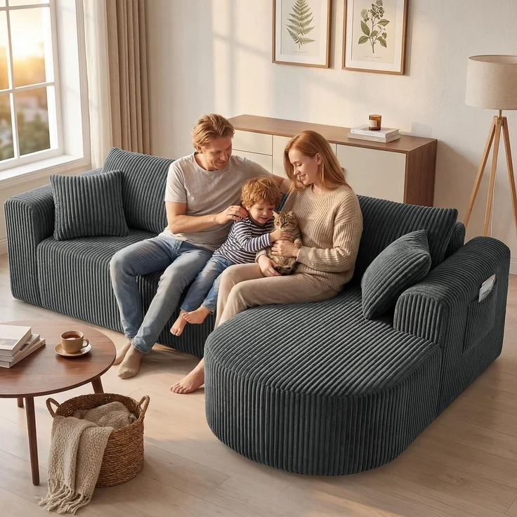 COMHOMA Ecksofa mit Schlaffunktion, 263cm -LCorduroy Modulares Boneless Couch mit Chaiselongue, L-Form Schlafsofa, Sektionssofas mit Kissen & Seitentaschen,Sofa für Wohnzimmer, Keine Montage, Grau – Bild 5