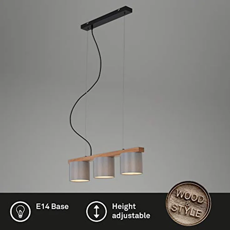 Briloner Pendelleuchte grau mit Holz Stoff, 3-flammig E14, Höhenverstellbar, IP20 – Bild 2