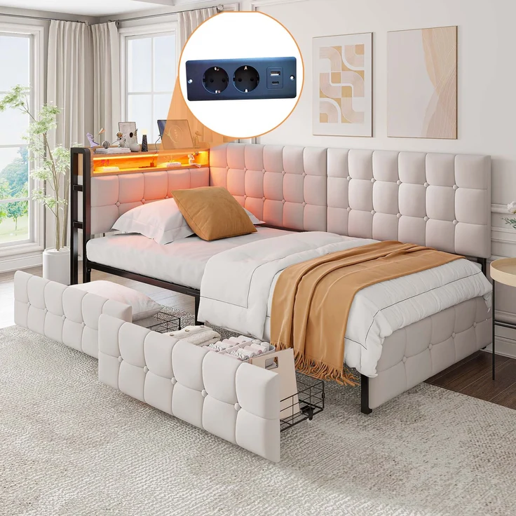 90 X 200 Gepolstertes Schlafsofa, Polsterbett mit 2 Schubladen und LED-Nachttischlampe, USB- und Typ-C-Anschluss, multifunktionales Kinder-Bootsbett, Schlafsofa Einzelbett Beige – Bild 1