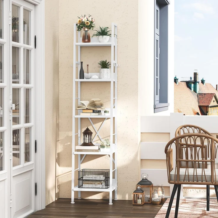 YITAHOME Bücherregal mit 5 Ebenen, industrielles Leiterregal, freistehendes Bücherregal, Holzregale und Metallrahmen, Bücherregal, modernes Regal für Wohnzimmer, Flur, Büro, reinweißes Bücherregal – Bild 2