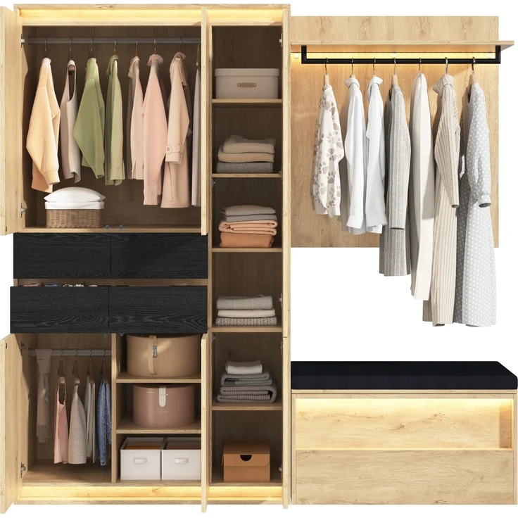 Garderoben-Set 200x47x200 cm mit Spiegel, LED-Beleuchtung und Sitzbank – Bild 6