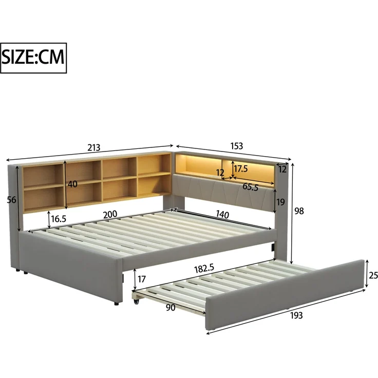CHICFURN Bett aus Flanell Dunkelgrau 140x200 cm mit Ausziehbett 90x190 cm, LED-Beleuchtung und USB- und Type-C-Anschlüssen – Bild 10