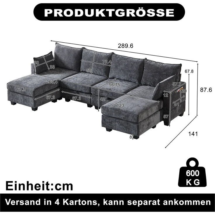 EINHOM Modulares Chenille-Sofa, Ecksofas für das Wohnzimmer U-förmiges Ecksofa mit Stauraum-Ottomane, 6-Sitzer-Ecksofas mit Chaiselongue – Bild 2