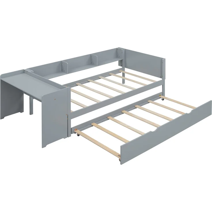 Kinderbett 90x200 cm mit ausziehbarem Rollbett, Schreibtisch & seitlichen Regalen, Funktionsbett aus Kiefernholz Grau – Bild 8