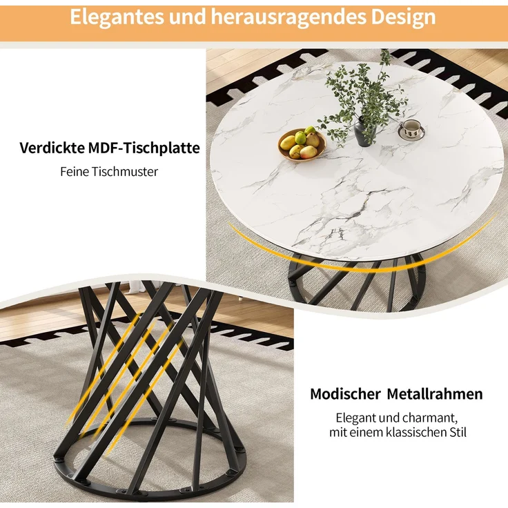 5-teilig mit rundem Esstisch Ø80 cm & 4 Samtstühlen – Modernes Esszimmer-Set mit Marmormuster Tischplatte & Metallgestell – Bild 3