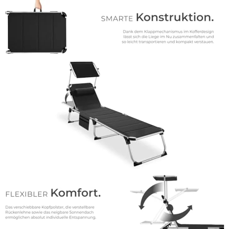 tectake® Sonnenliege mit Dach, Liege klappbar mit Kopfkissen + Seitentasche, zusammenklappbar, leicht tragbar, Strandliege, Liegestuhl klappbar für Garten, Sonnenliege Camping - schwarz – Bild 4