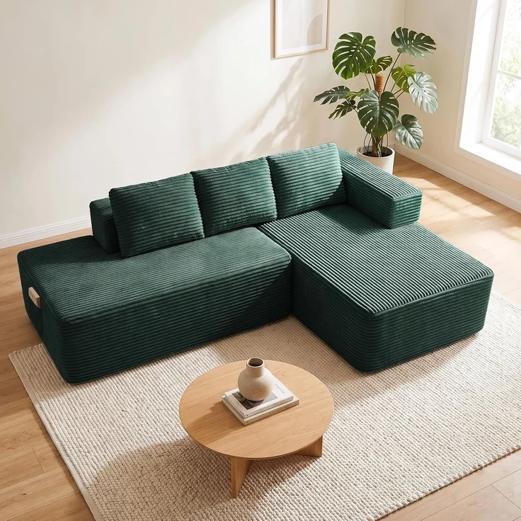 COMHOMA Ecksofa mit Schlaffunktion, 228cm Corduroy Modulares Boneless Couch mit Chaiselongue & Rücken-Metallgestell, L-Form Schlafsofa mit offenem Design, Kissen & Seitentaschen,für Wohnzimmer, Grün-L – Bild 1