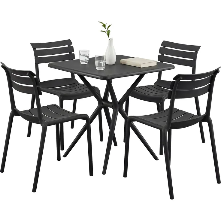 Gartenmöbel-Set KLARA mit 4 Stühlen - 190x190x82cm, Kunststoff, Schwarz | Balkonset Gartenset Tisch mit Stühlen Bistroset Outdoor