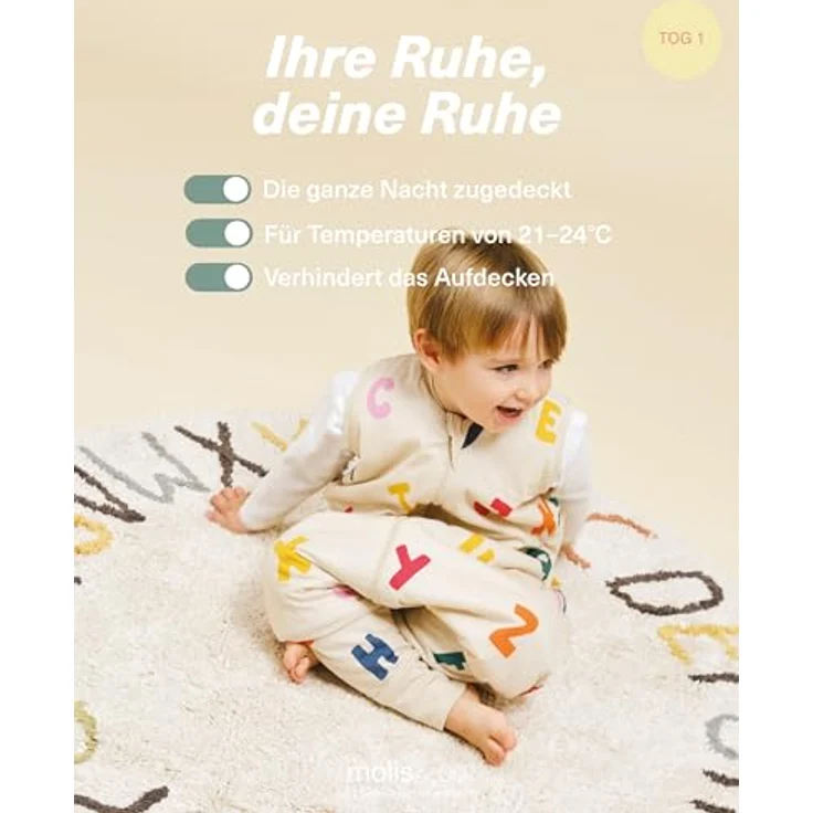 molis&co - Baby Schlafsack mit Füßen - Ideal für Frühling und Herbst - Babyschlafsack mit Füßen 1 tog - Leicht gepolstert - 100% Baumwolle (Oeko-TEX 100), Premium Qualität - ABC (80 cm) – Bild 6
