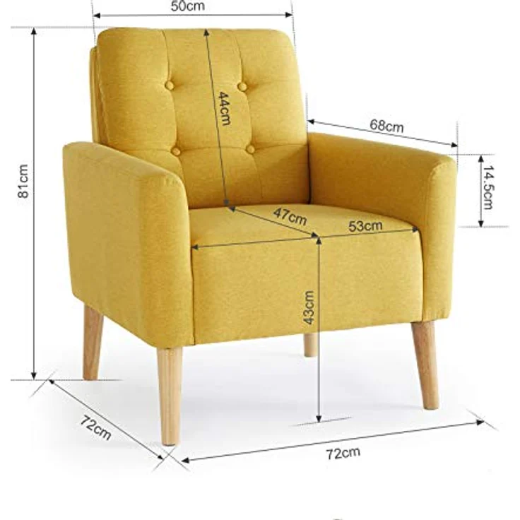Mondeer Sessel, Sessel ​mit Armlehnen Massivholzbeine Modern Einfach für Schlafzimmer Wohnzimmer Balkon Büro, D72 x W72 x H81 cm, Gelb – Bild 4