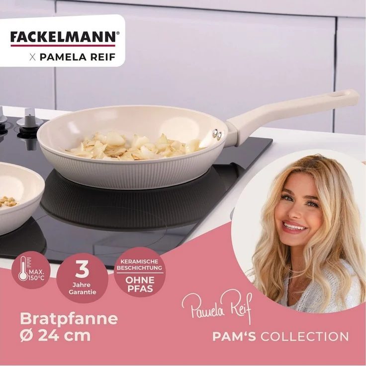 Fackelmann x Pamela Reif Bratpfanne – Ø 24 cm, Aus geschmiedetem, recycelten Aluminium in Pastell Beige, keramische, PFAS-freie Beschichtung, hitzebeständig bis 150 Grad C – Reinigung per Hand – Bild 1