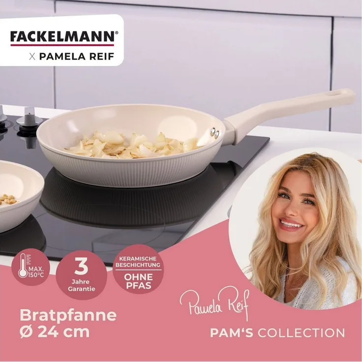 Fackelmann x Pamela Reif Bratpfanne – Ø 24 cm, Aus geschmiedetem, recycelten Aluminium in Pastell Beige, keramische, PFAS-freie Beschichtung, hitzebeständig bis 150 Grad C – Reinigung per Hand