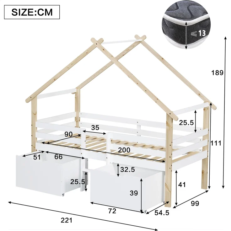 Kinder Hausbett 90x200 halbhoch mit Dach & 2 Schränken - Weiß+Natur, mit Treppe,Sicherheitszaun, Stauraum,Spielbett – Bild 6