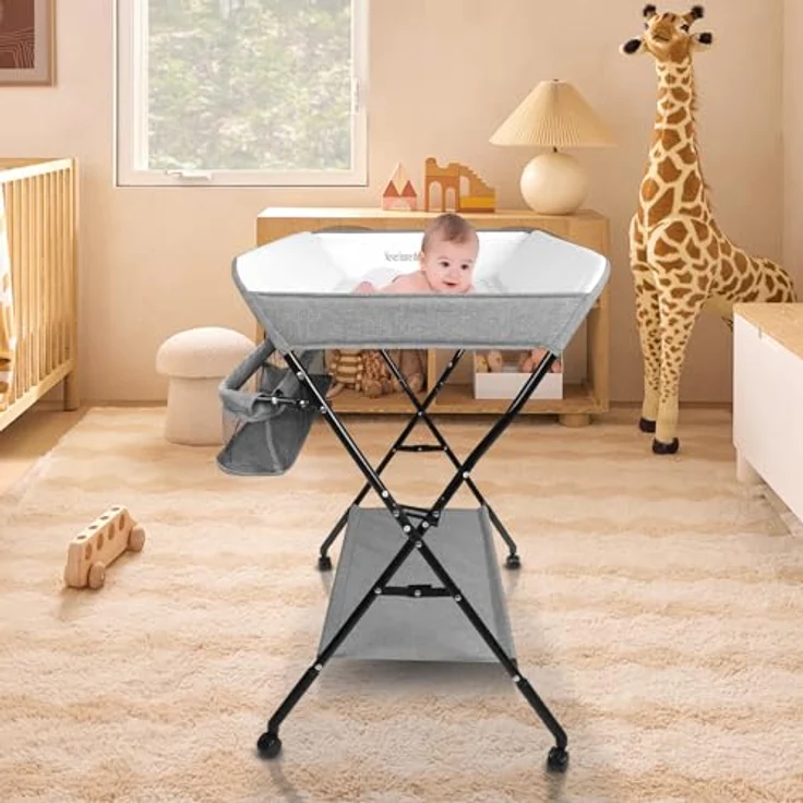 OHMG Baby Wickelkombi Klappbare Wickelkommode,Wickeltisch mit Rollen,Mobiler Wickeltisch mit Wickelauflage,Sicherheitsgurt und Ablagefächern,Wasserdicht und Höhenverstellbar,Stabil – Bild 8