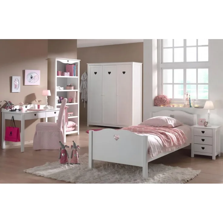 Vipack 'Amori' 5-tlg. Kinderzimmer-Set 90x200 cm, weiß, mit Bett, 3-trg. Kleiderschrank, Schreibtisch, Regal und Nachttisch
