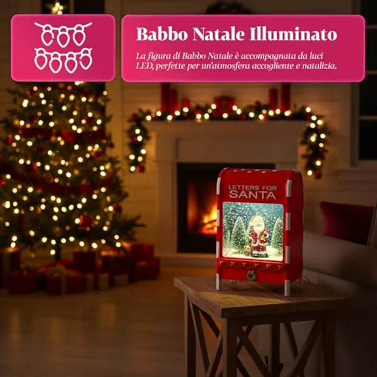 Avilia Briefkasten für Weihnachten, 40 cm, mit LED-Lichtern, beweglicher Schnee und Musik – Dekoration aus Metall mit Weihnachtsmann, Verwendung mit AAA-Batterien, Bühneneffekt für – Bild 4