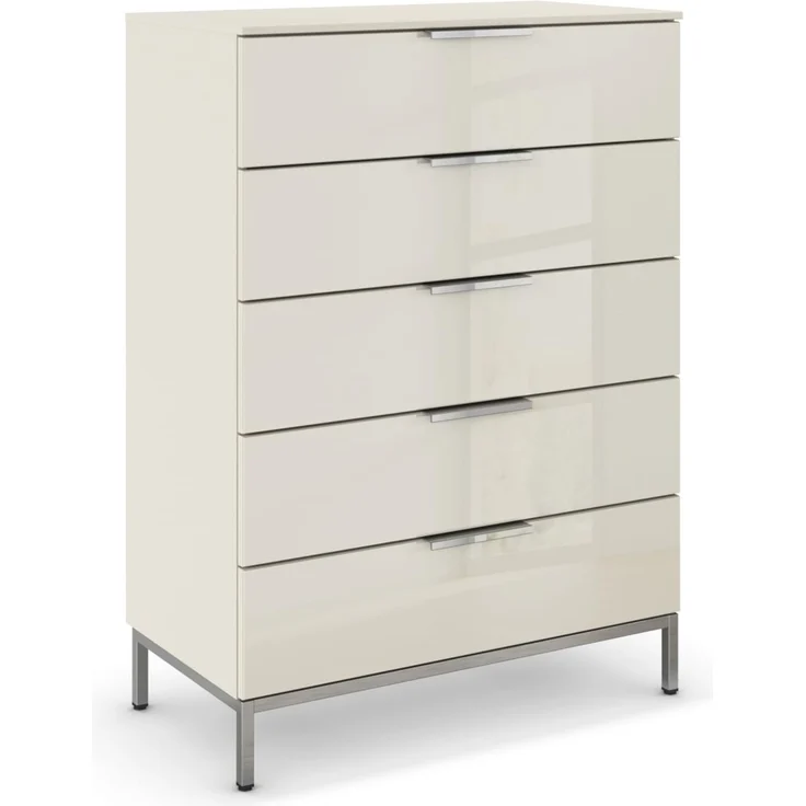 Rauch Möbel Flipp, Kommode für Schlafzimmer, Kinderzimmer, Wohnzimmer, Jugendzimmer, Flur, Garderobe, 5 Schubladen, mit Softclose Funktion, Griffe und Metallkufe Chrom, Farbe Glas Beige, Breite 80 cm