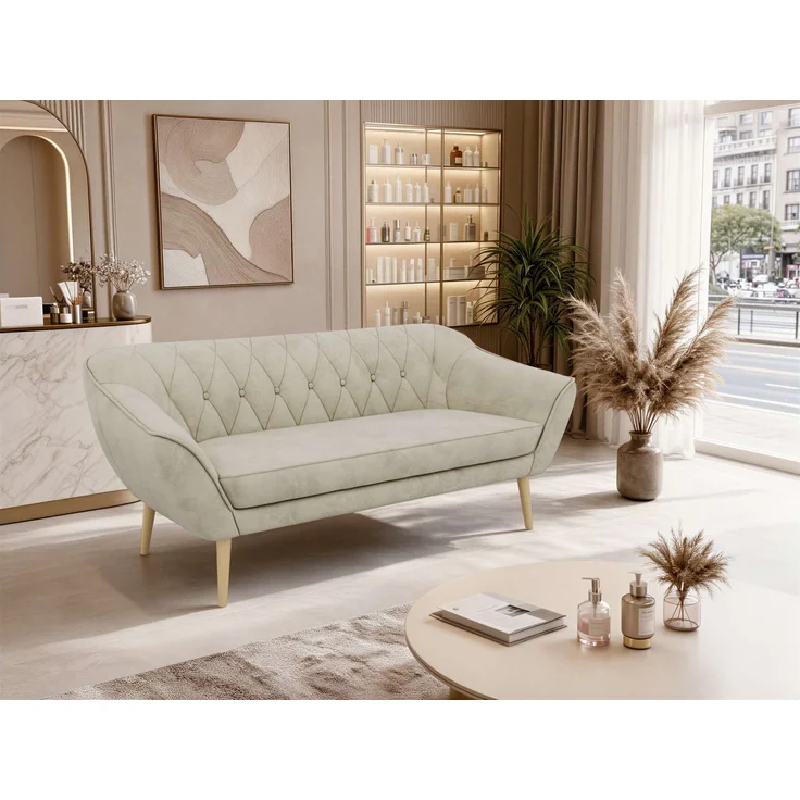 Sofa, Wohnzimmersofa PIRS 3, Skandinavisches Sofa 3-Sitzer, Sofa mit Wellenfederung, Buche Füße, Breite 180 cm Hoher Sitzkomfort - Beige Velvet – Bild 4