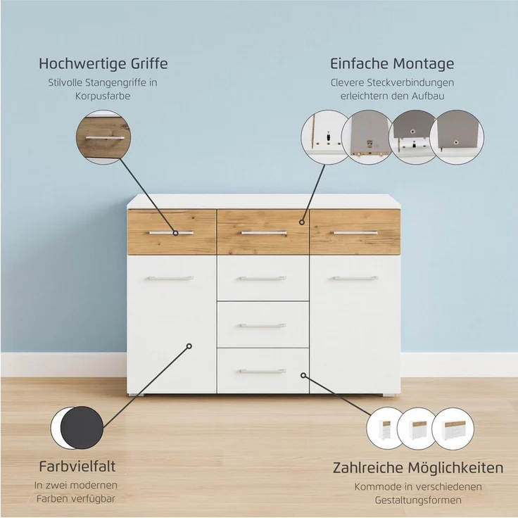 rauch Kombikommode Sideboard Kommode Schubladenkommode Türenkommode BOSTON-EXTRA (B/H/T: 120/81/42 cm), mit 6 geräumigen Schubladen, Einlegeböden verstellbar MADE IN GERMANY – Bild 4