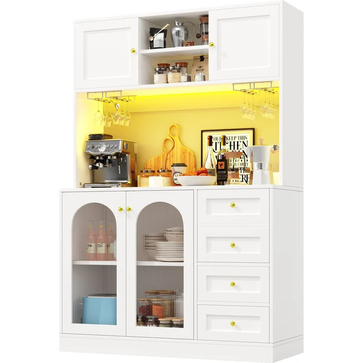 Buffetschrank mit LED-Lichtleiste & Fluted Glas, 120x40x188 cm, Weiß – Bild 6