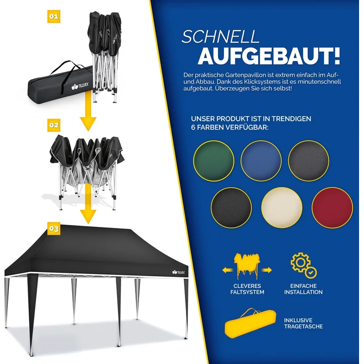 tillvex Pavillon 3x6m - mit 6 Seitenwänden Schwarz wasserdicht | Pop-Up Faltpavillon höhenverstellbar | Gartenzelt UV Schutz 50+ | Partyzelt mit Tasche für Garten – Bild 5