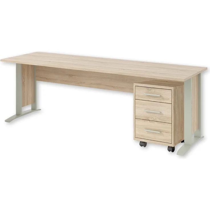 OFFICE LINE Schreibtisch in Eiche Sonoma Optik - Moderner Bürotisch Computertisch mit großer Arbeitsfläche und Rollcontainer - 150 x 73 x 70 cm (B/H/T)