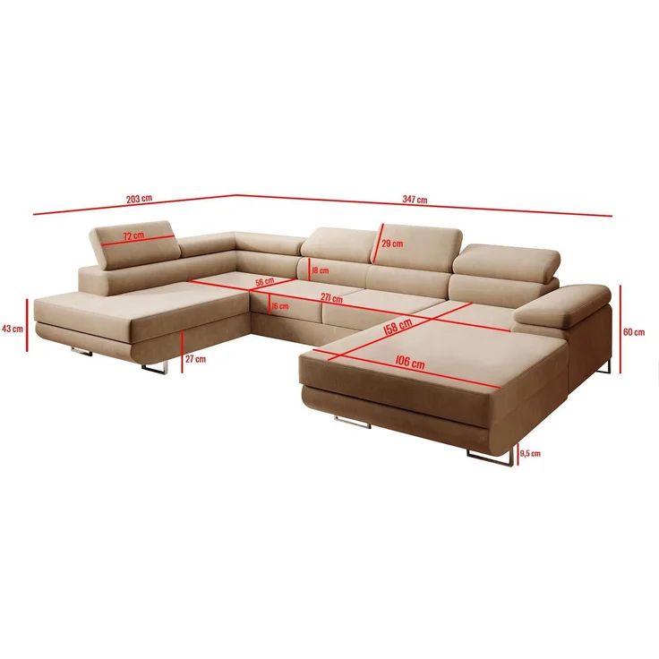 Ecksofa MARGO U- Form, moderne Couch mit Schlaffunktion, verstellbare Kopfstützen, zwei Bettkästen, große Polstercouch – Vogue 10, 72 x 203 x 347 cm – Bild 2