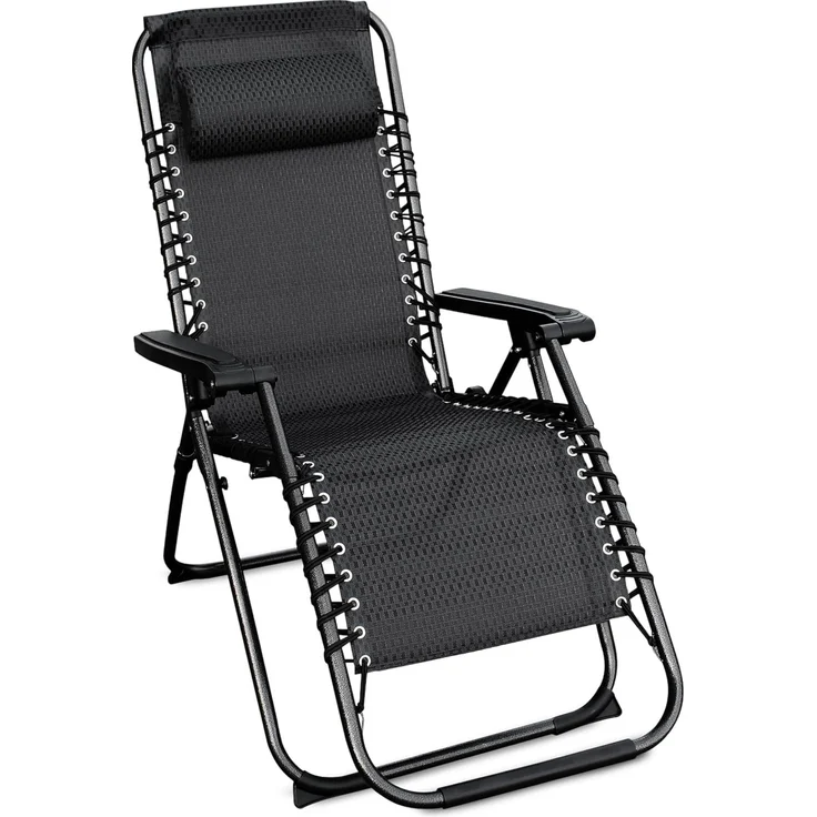 Spetebo Relaxsessel mit Kopfkissen aus Textil Gewebe 175x65 cm - steingrau - Gartenstuhl mit Verstellbarer Rückenlehne und Fußteil - Sonnenliege Hochlehner Gartenliege Liegestuhl klappbar