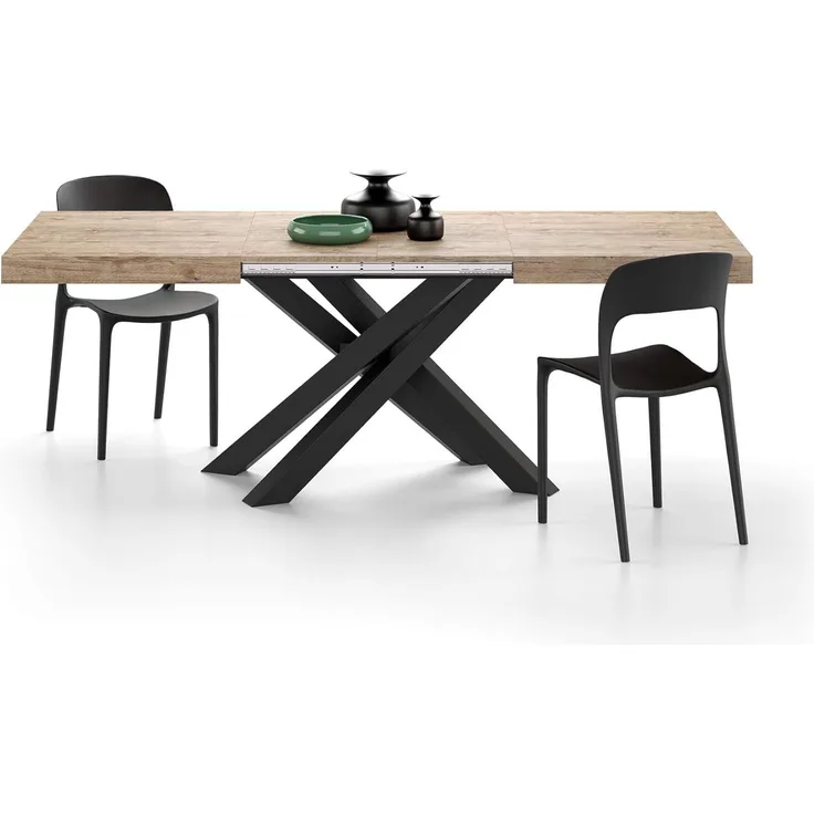 MOBILI FIVER, Ausziehbarer Tisch Emma 140, Eiche, mit schwarzen X-Beinen, Laminiert/Eisen, Made in Italy