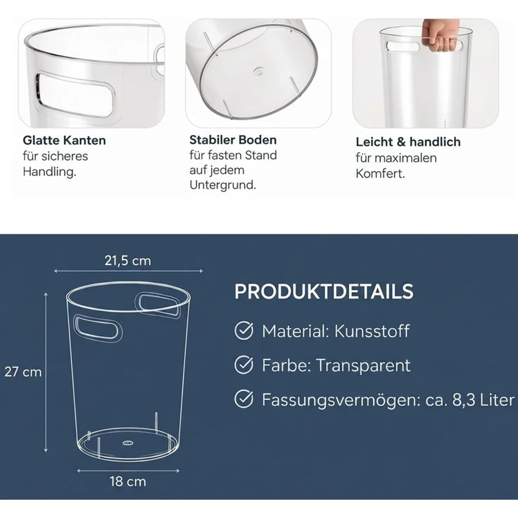 Sinoba Papierkorb 888 Transparent aus PET Mülleimer 27 cm 8 Liter | Smoke – Bild 3
