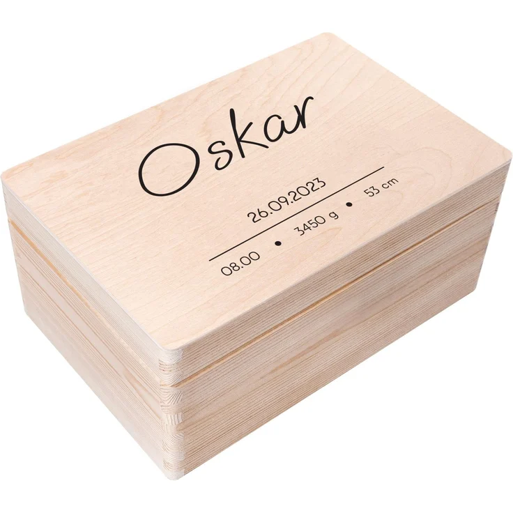 Creative Deco Erinnerungsbox Baby Personalisiert mit Namen | 30 x 20 x 14cm | Minimalistisch | Individuelle Erinnerungskiste Geschenk zur Geburt für Mädchen und Jungen | Holzkiste mit Deckel